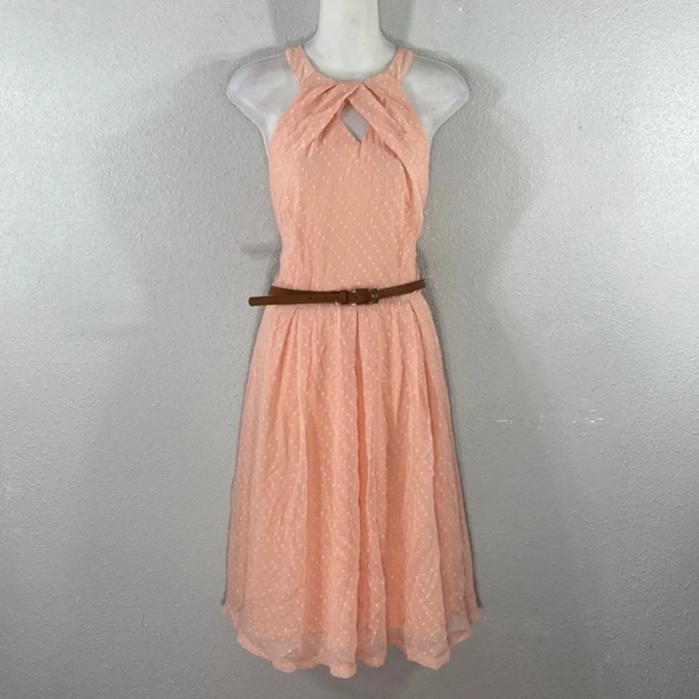 NWT Lindy Bop Cheronda Peach Chiffon Textured Sleeveless Fit Flare Dress 8 WW4
